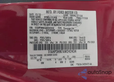 2010 Ford Focus Sel из США, поврежденный, VIN 1FAHP3HN7AW242434